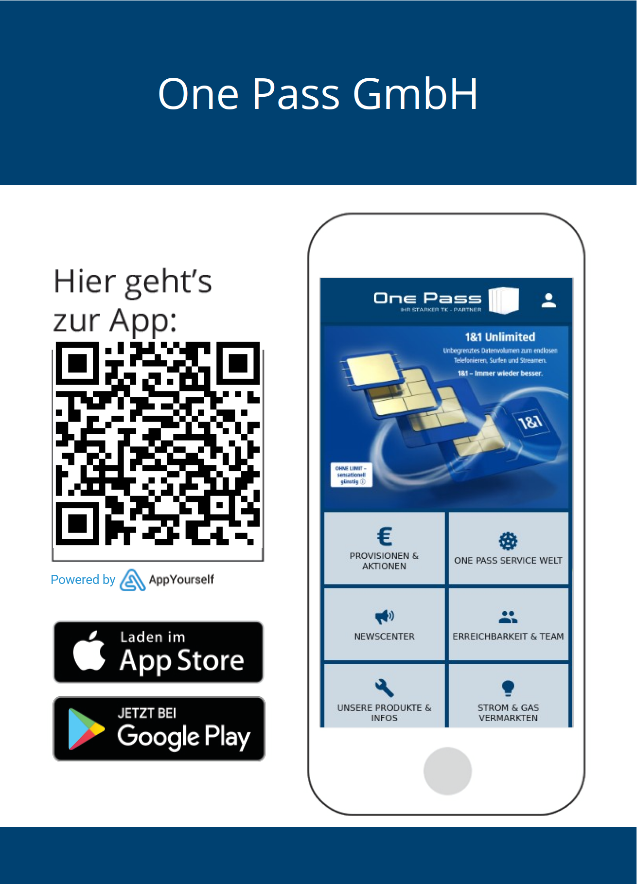 One Pass App auf dem Smartphone — Startseite mit Provisionen, Newscenter und Produkten